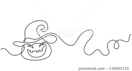 Creepy pumpkin wearing hat. Halloween decoration card 130895228