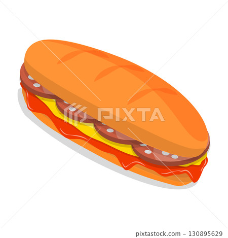 3D Isometric Flat  Illustration of baguette Sandwiches. Item 2 130895629