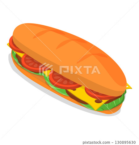 3D Isometric Flat  Illustration of baguette Sandwiches. Item 3 130895630