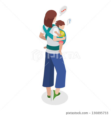 3D Isometric Flat  Illustration of Mothers Caring Childs in Baby Sling. Item 2 130895733