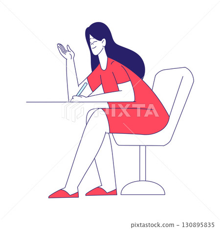 Young Woman Character in Sitting Pose at Table Write Something Vector Illustration 130895835