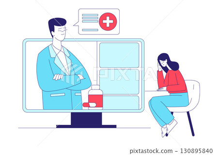 Medicine with Man Doctor in Coat with Patient Have Online Appointment Vector Illustration 130895840