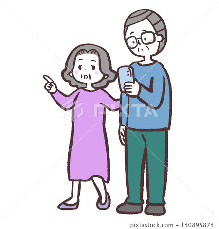 A senior couple walking while checking their smartphone 130895873