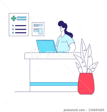 Medicine with Woman Doctor at Reception Table Vector Illustration Medicine with Woman Doctor at Reception Table Vector Illustration 130895885
