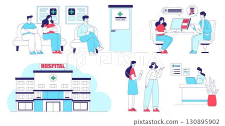 Medicine with People Visit Hospital and Have Doctor Appointment Vector Set Medicine with People Visit Hospital and Have Doctor Appointment Vector Set 130895902