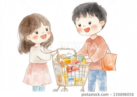 Young couple with supermarket cart doing shopping 130896058