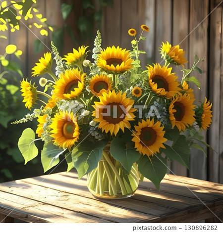 Sunflowers placed on the veranda 130896282
