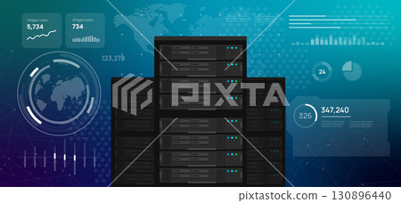 high tech digital dashboard featuring a server rack global data centers and cloud computing infrastructure web hosting big data and IT technology 130896440