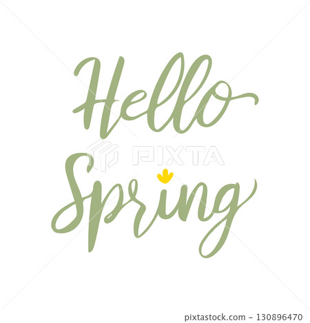 Hello Spring handwritten text with small flower calligraphy. Hello Spring handwritten text with small flower calligraphy. 130896470