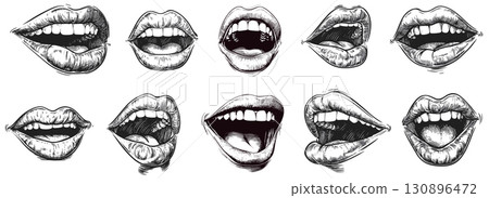 Set of Hand Drawn Lips and Mouths in Various Expressions Set of Hand Drawn Lips and Mouths in Various Expressions 130896472