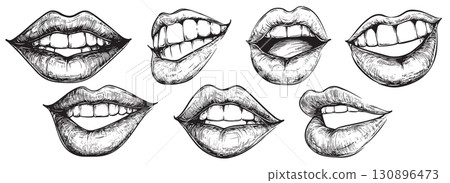 Set of Hand Drawn Lips and Mouths in Various Expressions 130896473