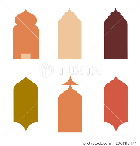 Set of Six Islamic Arch Silhouettes in Warm Tones  130896474