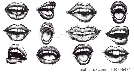 Set of Stylized Hand Drawn Lips with Different Emotions 130896475