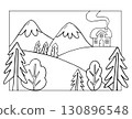 Mountain Landscape Coloring Page with Cottage and Trees 130896548
