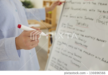 Young woman planning her work schedule and writing with marker on office white board 130896566