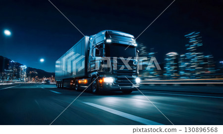 Powerful truck with trailer driving on expressway at night, modern logistics and freight transportation Powerful truck with trailer driving on expressway at night, modern logistics and freight transportation 130896568
