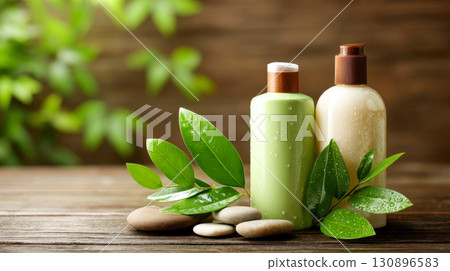 Natural skin care bottles with green leaves and spa stones, organic cosmetics in eco-friendly packaging 130896583