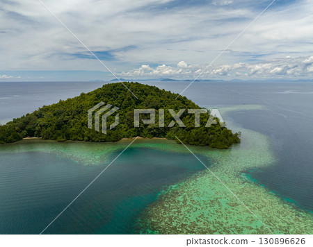 Aerial drone of tropical islands and blue sea. Borneo, Sabah, Malaysia. 130896626
