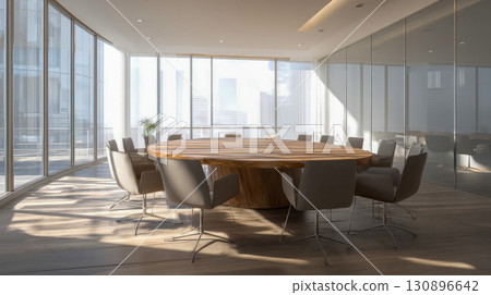 Bright conference room with large round wooden table and modern chairs, minimalist office interior with glass walls and city view Bright conference room with large round wooden table and modern chairs, minimalist office interior with glass walls and city view 130896642