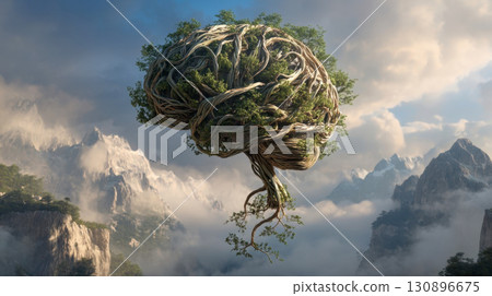 A surrealistic brain made of tree roots and leaves, floating above mountains, nature, and the mind 130896675