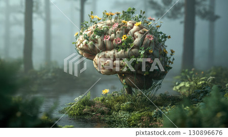 Human brain with blooming flowers and green plants growing in foggy forest, surreal concept of nature and mind 130896676