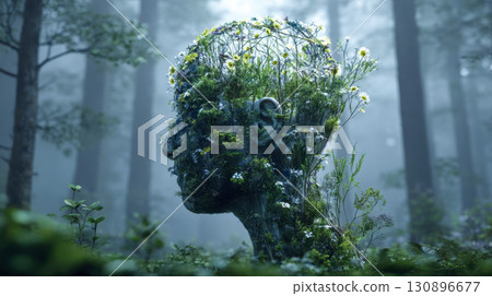 Sculpture of a human head covered in flowers and plants in a misty forest, a symbol of mindfulness and connection with nature 130896677