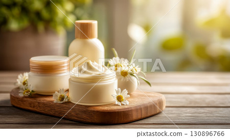 Organic skin care cream in glass jar with chamomile flowers, natural cosmetics for beauty and spa on wooden table 130896766