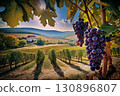 A scenic view of a vast vineyard with a distant building on a beautiful autumn day, with ripe grapes in the foreground. 130896807