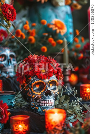 Colorful Day of the Dead altar with decorated skulls, marigold flowers, and candles. celebrating Mexican culture and traditions, vertical banner 130896876