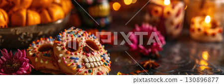 shortbread cookies in the form of Colorful sugar skulls, marigold flowers, and candles arranged for Day of the Dead celebration in Mexico. horizontal banner 130896877
