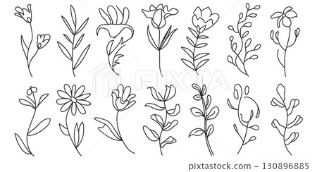 Minimalist Floral Line Art Set. Hand-drawn Botanical Illustrations for Wedding Invitations. 130896885