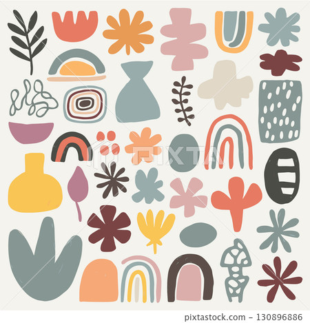 Modern Boho Abstract Shapes Set. Hand-drawn Organic Doodles with Rainbows and Flowers. 130896886