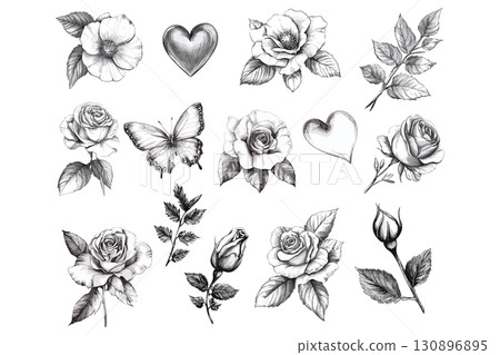 Vintage Rose and Butterfly Sketch Set. Elegant Hand-drawn Floral Illustrations for a Wedding. Vintage Rose and Butterfly Sketch Set. Elegant Hand-drawn Floral Illustrations for a Wedding. 130896895