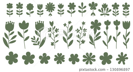 Scandinavian Folk Art Floral Silhouette Set. Minimalist Botanical Flower and Leaf Icons. 130896897