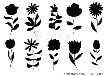 Black Floral Silhouette Set. Scandinavian Folk Art Style Botanical Flower Icons. 130896898