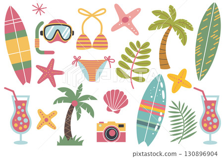 Cute Summer Beach Vacation Icon Set. Hand-drawn Surfboard, Palm Tree, and Bikini Illustrations. Cute Summer Beach Vacation Icon Set. Hand-drawn Surfboard, Palm Tree, and Bikini Illustrations. 130896904