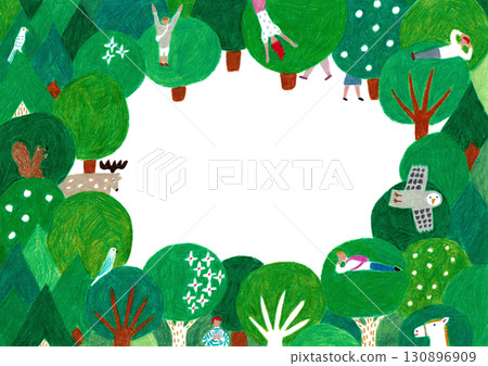 Hand-drawn illustration of forest animals and people peeking through the trees 130896909