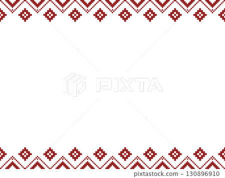 Geometric red cross-stitch border design on white background. Ideal for embroidery projects, ethnic patterns, holiday crafts, textile prints,folk art decorations. Geometric red cross-stitch border design on white background. Ideal for embroidery projects, ethnic patterns, holiday crafts, textile prints,folk art decorations. 130896910