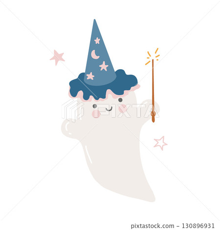 Cartoon ghost character in a wizards hat with a magic wand. Halloween ghost, spirit. Happy Halloween for children. Vector illustration in flat style. Vector cute illustration isolated on white Cartoon ghost character in a wizards hat with a magic wand. Halloween ghost, spirit. Happy Halloween for children. Vector illustration in flat style. Vector cute illustration isolated on white 130896931