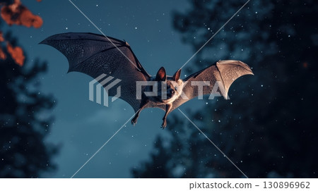 Nocturnal bat in flight under blue night sky 130896962