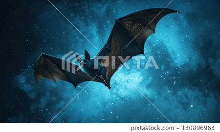 Bat flying in night sky with stars and moonlight 130896963