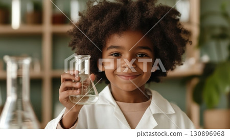 Kid learning science with laboratory glassware in classroom 130896968
