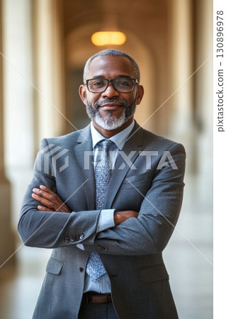 Successful businessman wearing glasses and blazer posing confidently 130896978