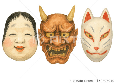 日本傳統面具（能劇面具、鬼面具、狐狸面具）插畫素材 130897050