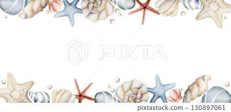 Sea Starfish Shell Pebble Pearls. Ocean underwater marine life. Watercolor hand painted summer isolated illustration on white background Cute pastel for kids baby nursery textile fabric wrapping paper 130897061