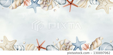 Sea Starfish Shell Pebble Pearls. Ocean underwater marine life. Watercolor hand painted summer isolated illustration on blue background Cute pastel for kids baby nursery textile fabric wrapping paper 130897062