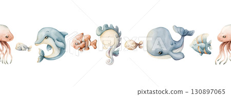 Cute sea animals Adorable underwater world. Whale dolphin seahorse jellyfish fish. Watercolor summer pastel color seamless border on white background for kids baby nursery textile fabric wrapping Cute sea animals Adorable underwater world. Whale dolphin seahorse jellyfish fish. Watercolor summer pastel color seamless border on white background for kids baby nursery textile fabric wrapping 130897065