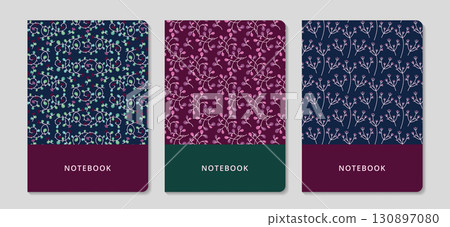 Notebook cover set with elegant autumn floral seamless pattern in trendy colors. Background with leaves and berries. Ideal for stationery, planners, school supplies, branding. Flat vector illustration Notebook cover set with elegant autumn floral seamless pattern in trendy colors. Background with leaves and berries. Ideal for stationery, planners, school supplies, branding. Flat vector illustration 130897080