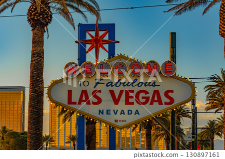 Sunset view of the Las Vegas sign in Las Vegas, Nevada, USA Sunset view of the Las Vegas sign in Las Vegas, Nevada, USA 130897161