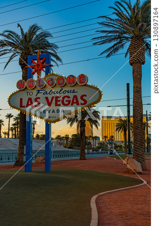 Sunset view of the Las Vegas sign in Las Vegas, Nevada, USA Sunset view of the Las Vegas sign in Las Vegas, Nevada, USA 130897164
